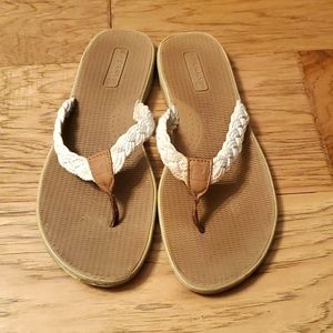 Sperry Women's Seafish Braided Sandals Flip Flops 11 White Tan Brown Boat Sandal